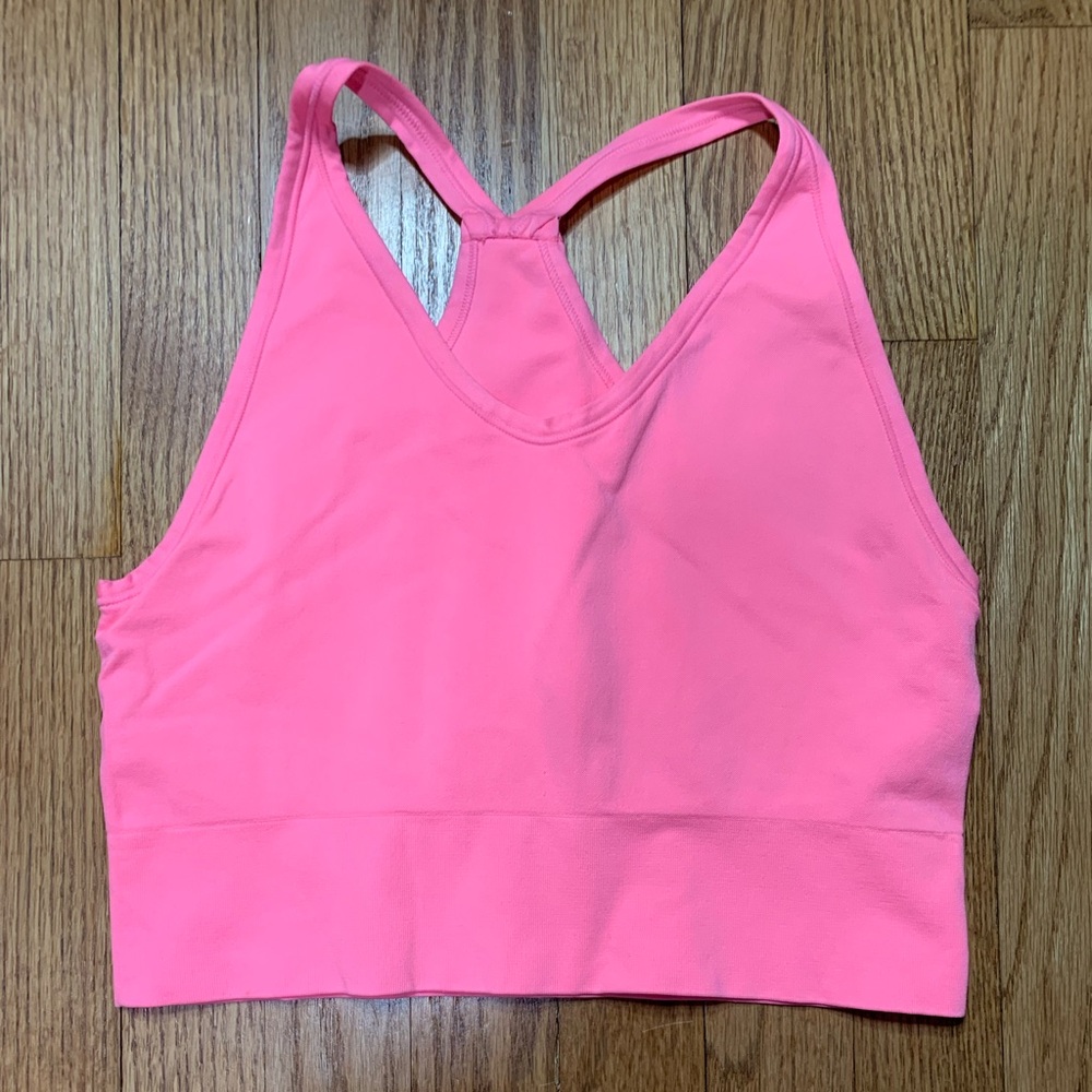 Zella Large Bright Rose Pink Longline Crop Top Sports Bra Racerback V-Neck EUC